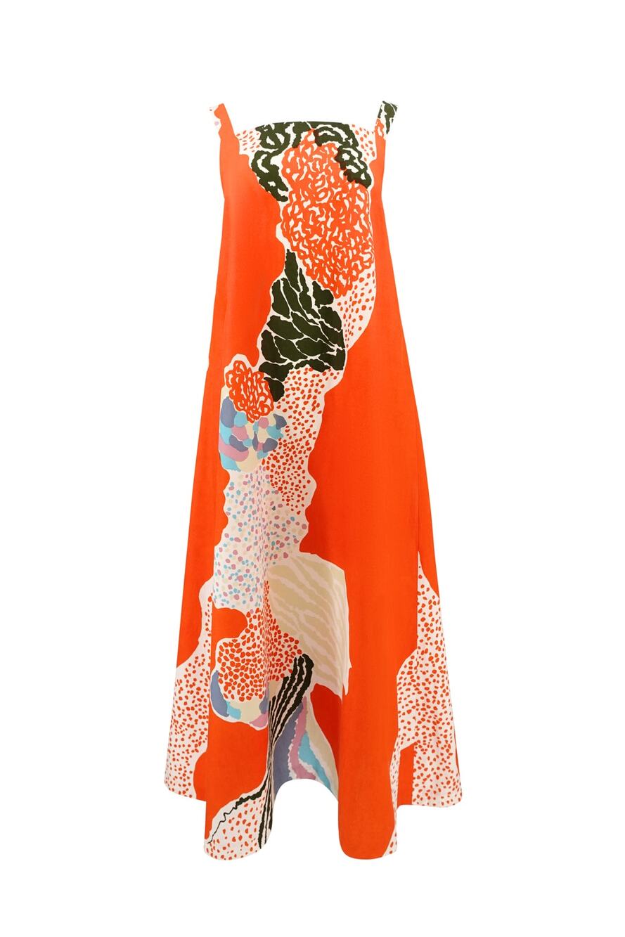 Marimekko 1978 Orange Abstract Print Cotton Maxi Dress